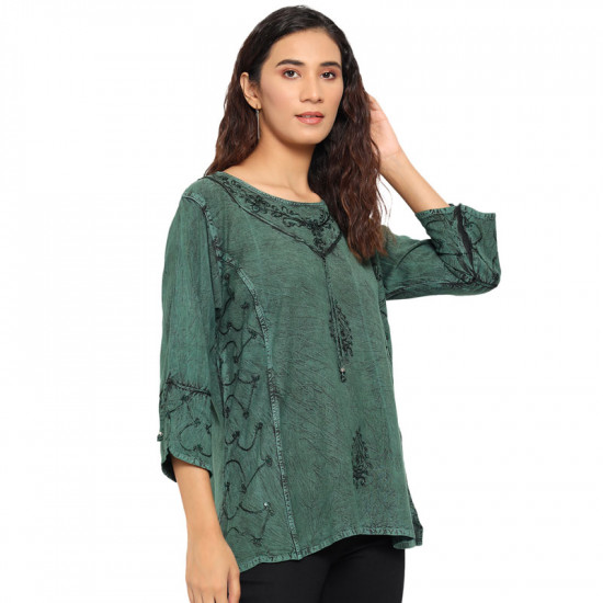 Self Color Embroided Kurta Green Top