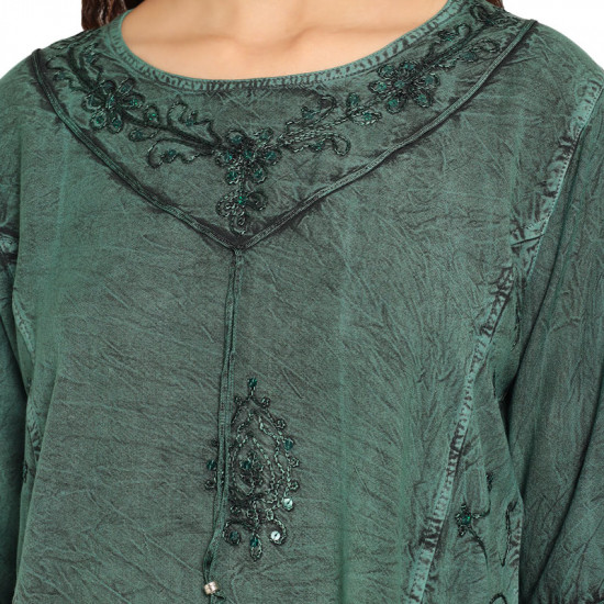 Self Color Embroided Kurta Green Top