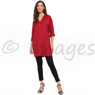 Short Collar V Neck Kurta Top with Foldover Sleeves