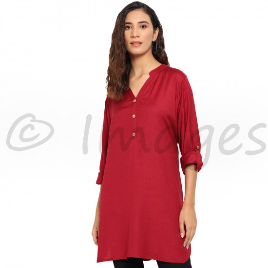 Short Collar V Neck Kurta Top with Foldover Sleeves