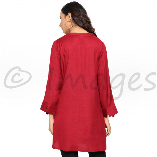 Short Collar V Neck Kurta Top with Foldover Sleeves